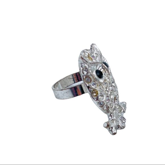 Owl Silvertone Rhinestone Ring Size 6 - Picture 4 of 8